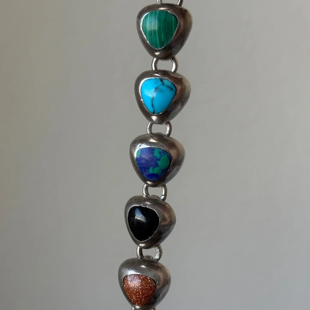 Vintage Taxco Sterling Silver 925 Mexico Multi Color Stone Link Bracelet